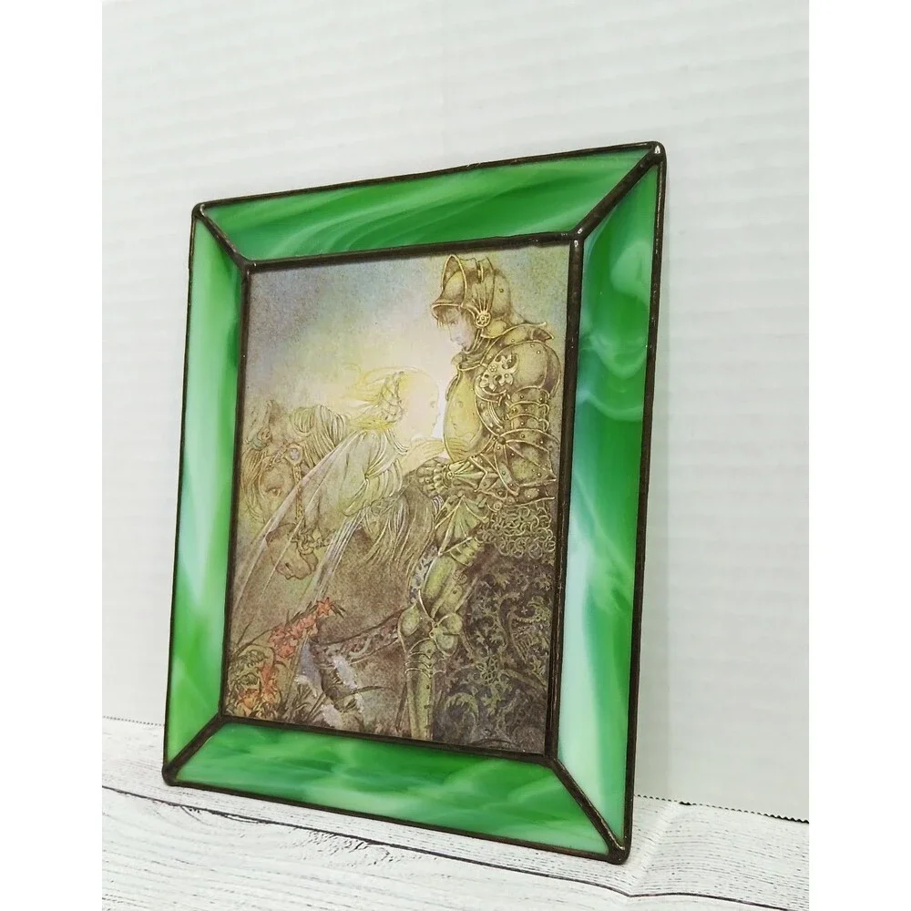 Stained glass fantasy themed art panel wall hanging green w/ permanent picture